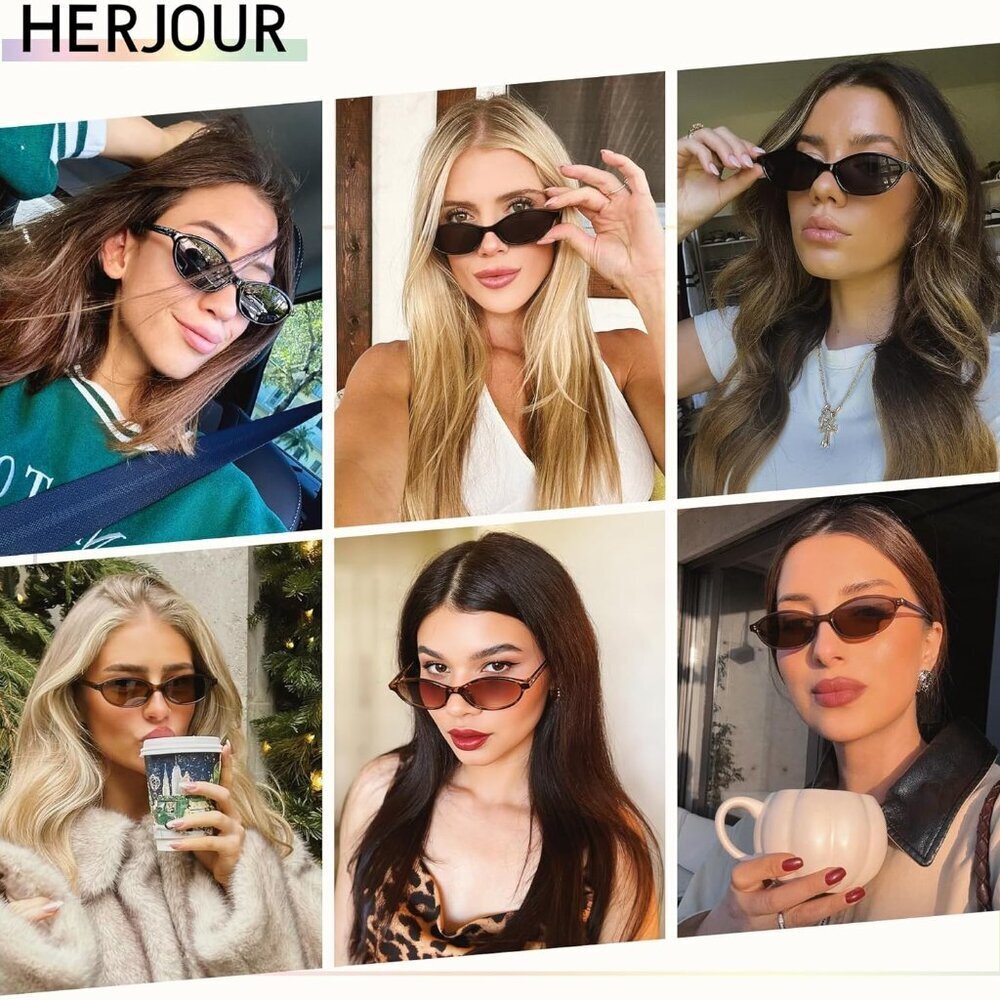 Retro Oval Cat Eye Sunglasses for Women Y2k Trendy Narrow Sunnies Designer Sun G - Picture 3 of 5